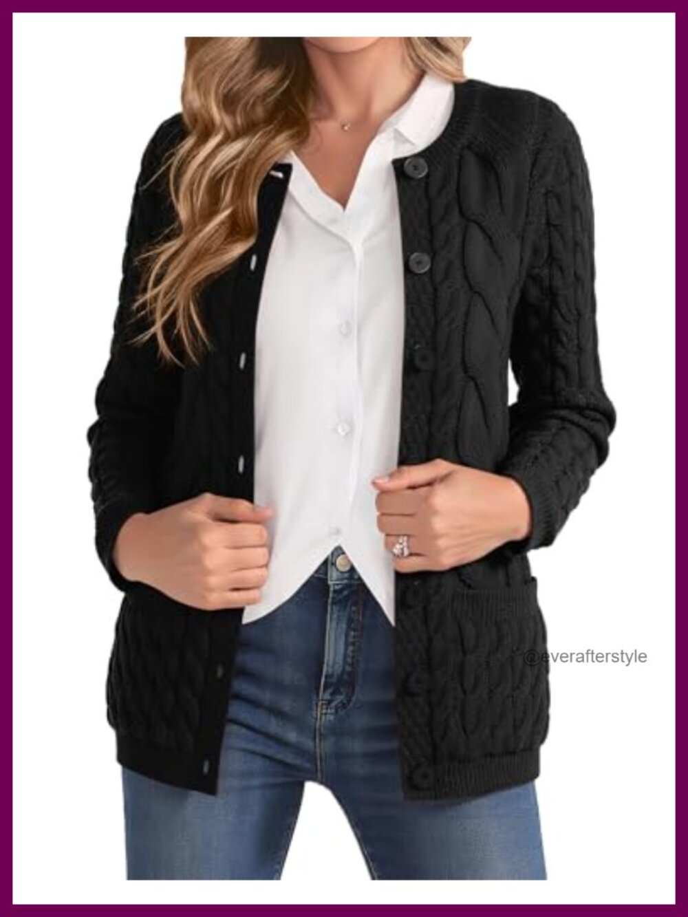 Women's Cable Knit Cardigan Sweater Button Up Crew Neck with Pockets